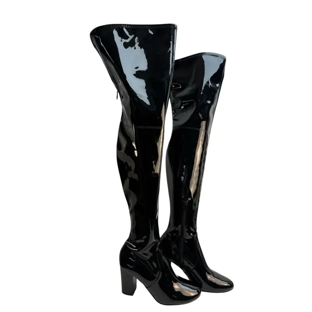 Kenneth Cole New York Womens 8M Angelica Black Patent Leather Knee-High Boots